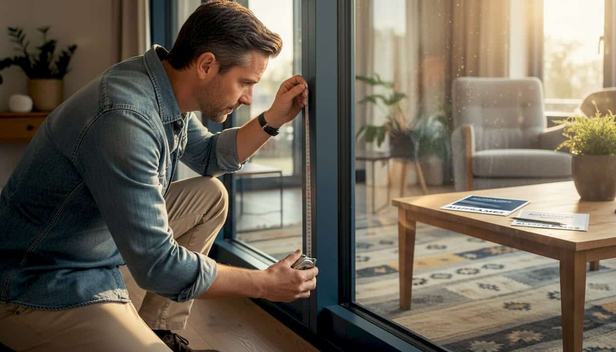 Een woningeigenaar kijkt aandachtig het aluminium kozijn na.
