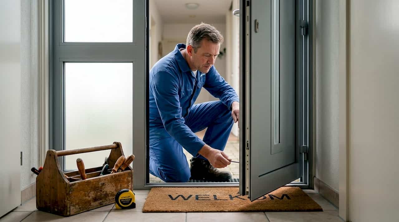 In de hal is de monteur bezig om de aluminium voordeur nauwkeurig af te stellen.