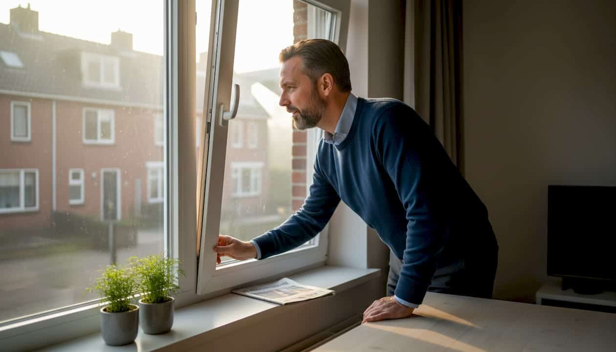 In een lichte woonkamer zet een man het raam op kiepstand.