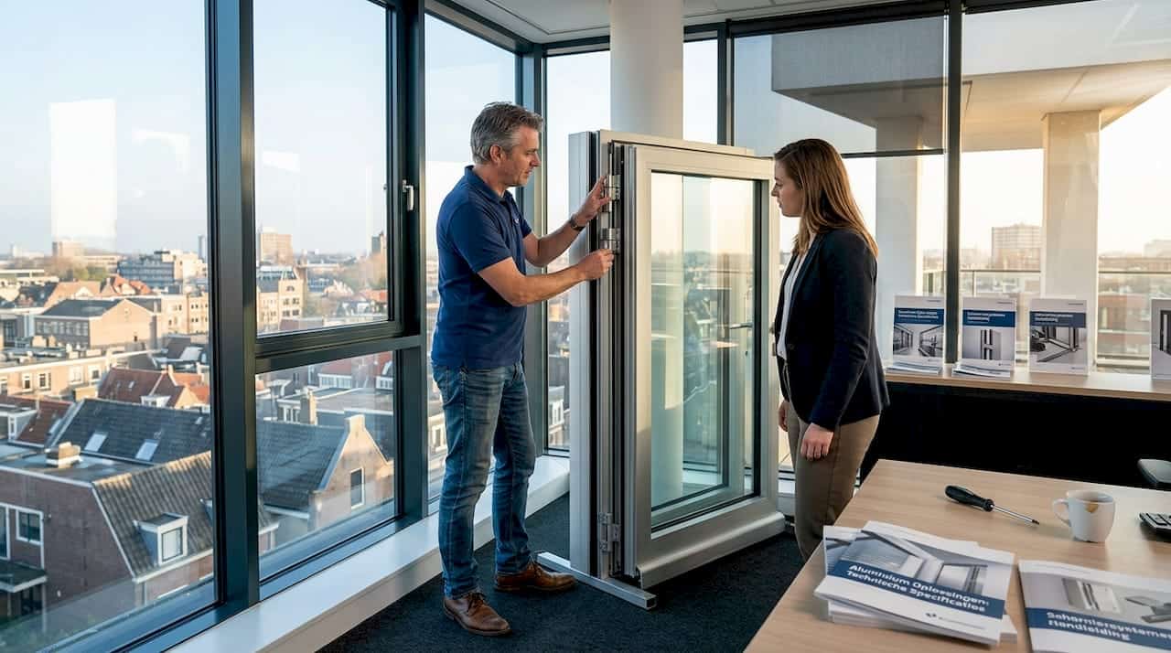 Een specialist laat in het kantoor zien hoe het aluminium scharnier werkt.