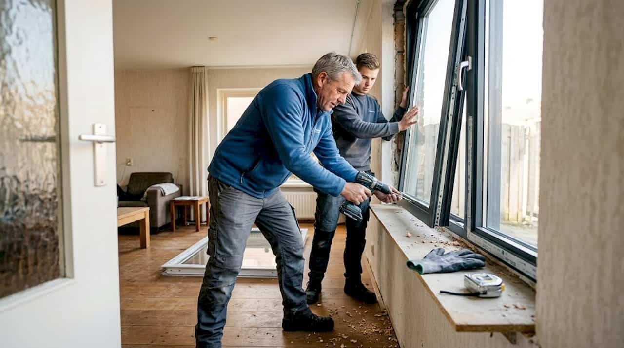 In de woonkamer wordt een nieuw aluminium kozijn geplaatst door onze monteurs.