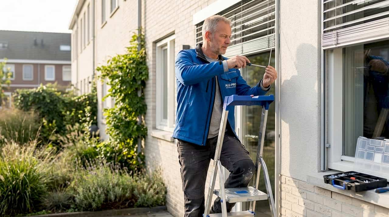 Een monteur monteert aluminium zonwering aan de buitenkant van het gebouw.