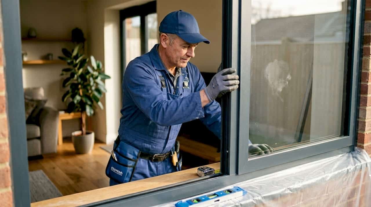 Een vakman zet nieuw dubbel glas in een aluminium kozijn.