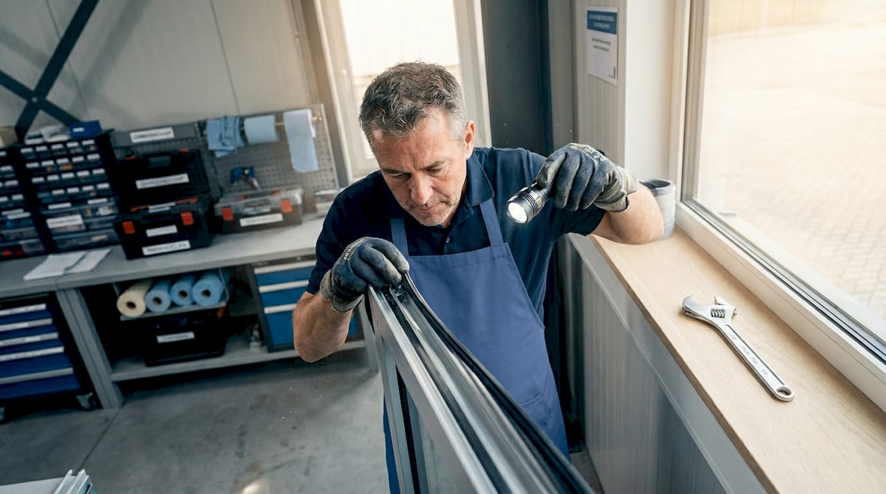 Een monteur bekijkt of de afdichting van het aluminium kozijn nog goed is.