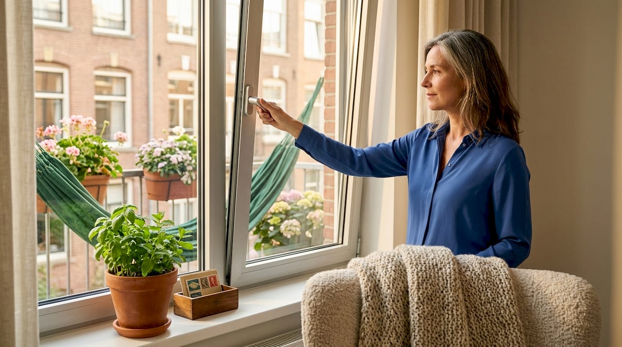 Een vrouw schuift het aluminium raam in de woonkamer open.
