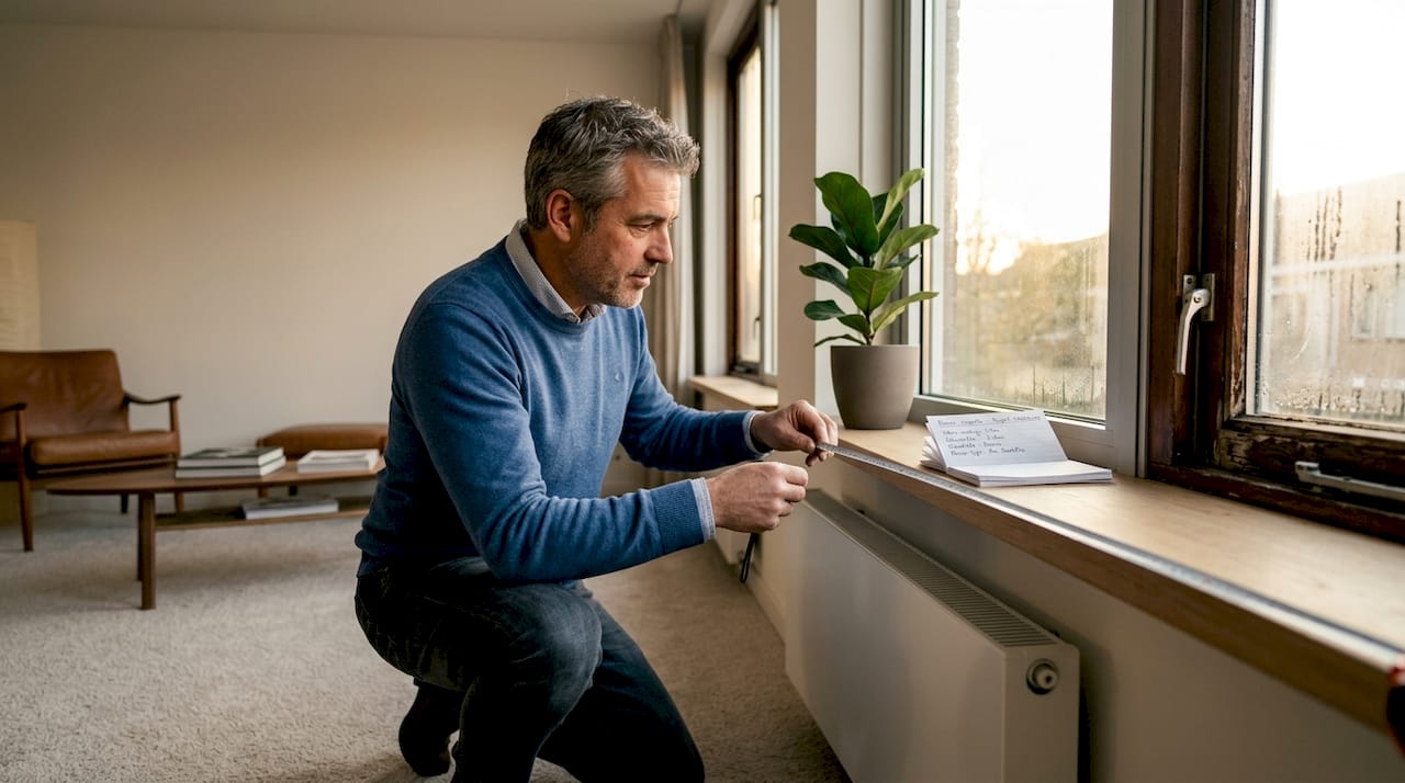 Man bekijkt of de nieuwe ramen in de woonkamer goed zijn geplaatst
