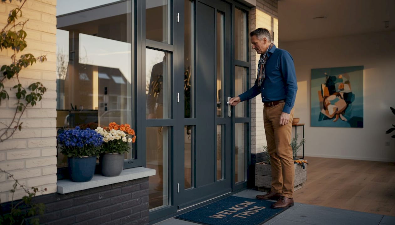 Een huiseigenaar controleert het slot van zijn aluminium deur.