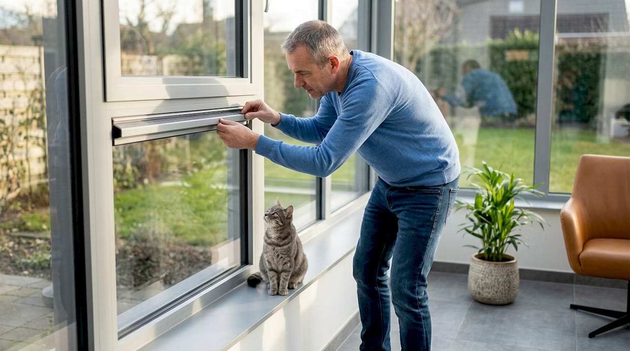 Een man bekijkt aandachtig het ventilatierooster boven een aluminium raam.