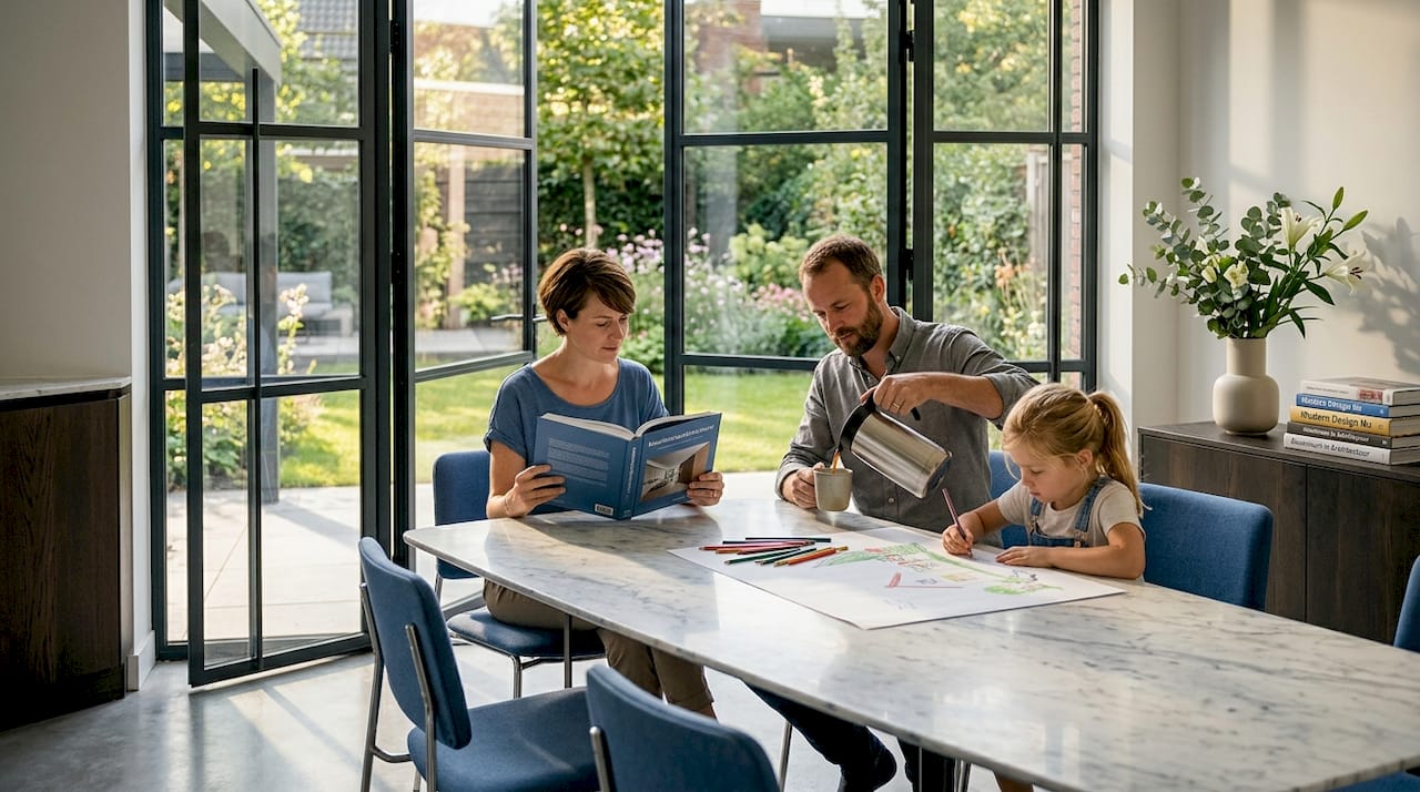 Een gezin woont in een moderne glazen woning met een stijlvolle stalen scharnierdeur.