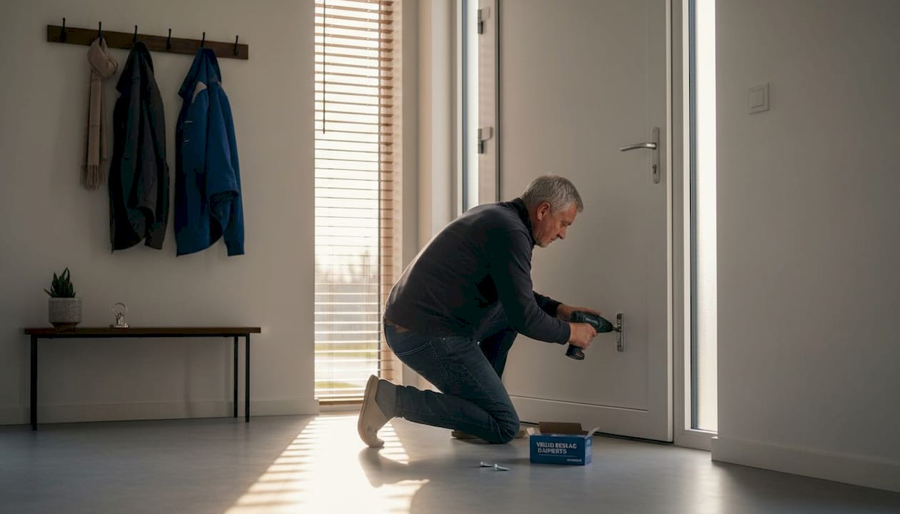 Om zijn huis beter te beveiligen, heeft de woningeigenaar extra inbraakwerend beslag op de voordeur geplaatst.