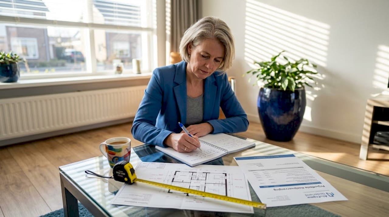 Vrouw maakt aantekeningen voor het vervangen van de kozijnen in huis