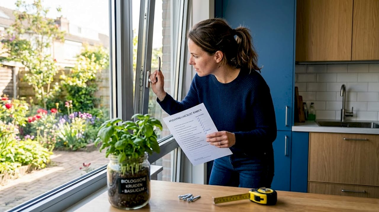 Een woningeigenaar bekijkt het raamkozijn zorgvuldig om te checken of alles goed beveiligd is.