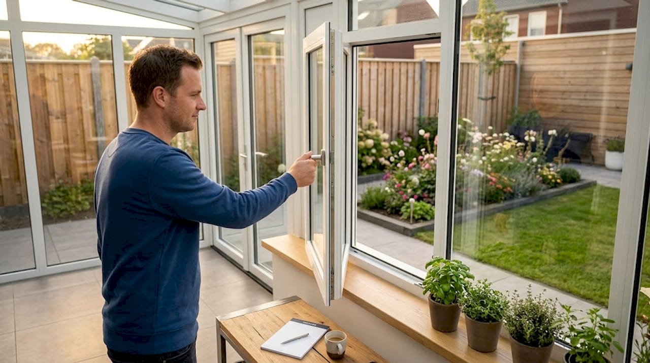 Een man doet het raam in de woonkamer open door het naar buiten toe te draaien.