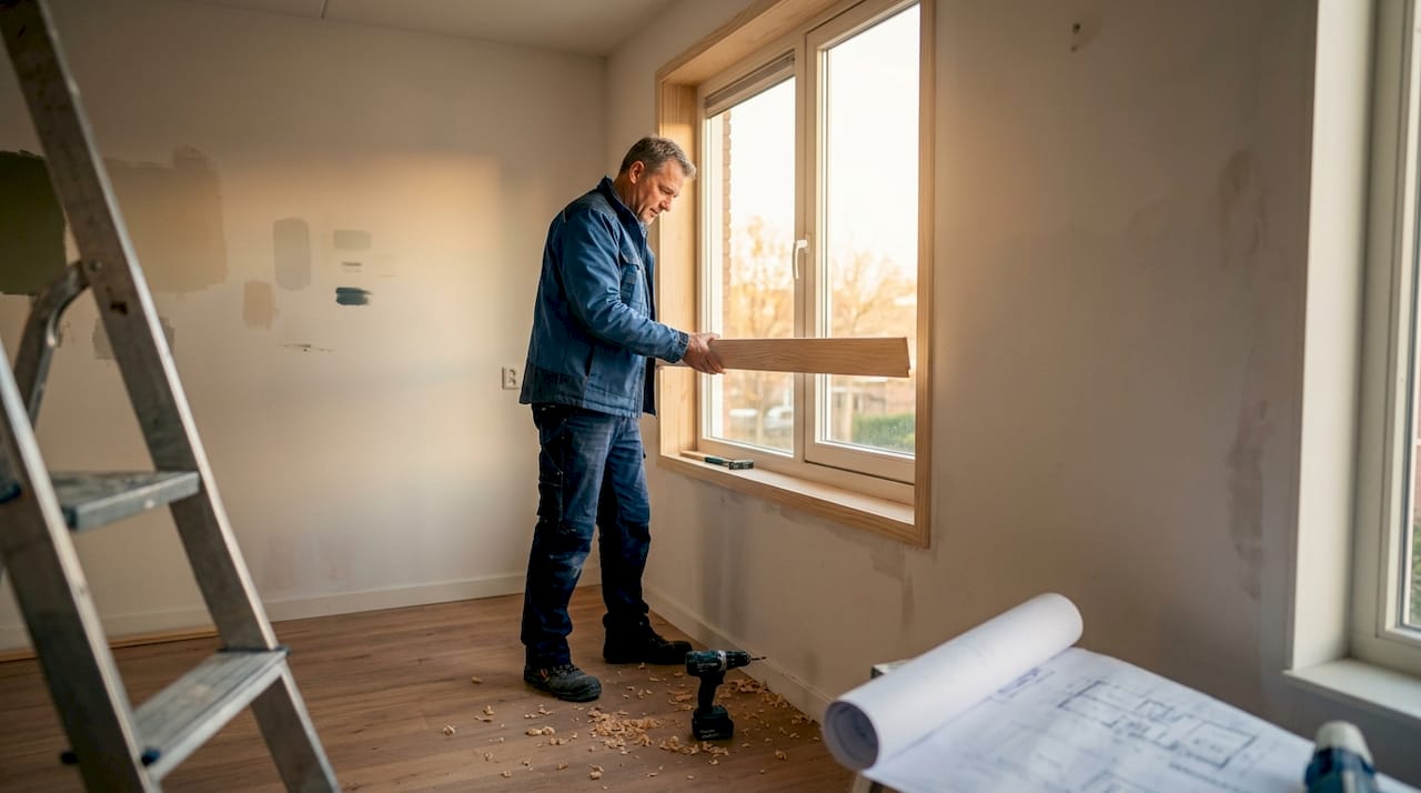 Een vakman is bezig met het plaatsen van een kozijn in een woning.