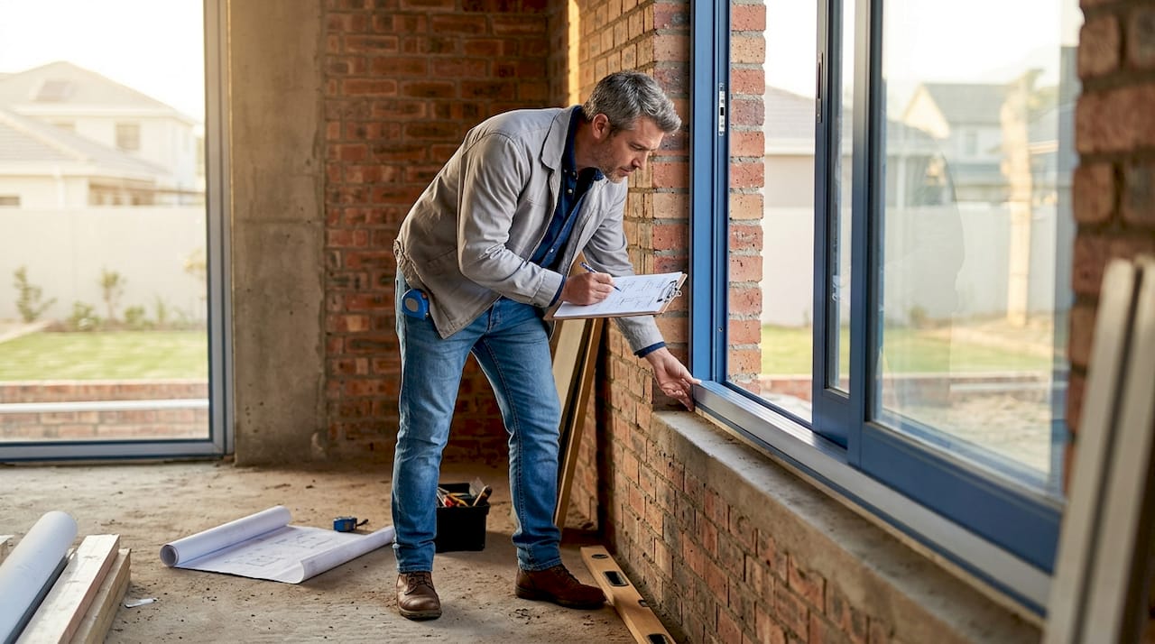 De architect bekijkt ter plaatse nauwkeurig het detail van de vensterbank.