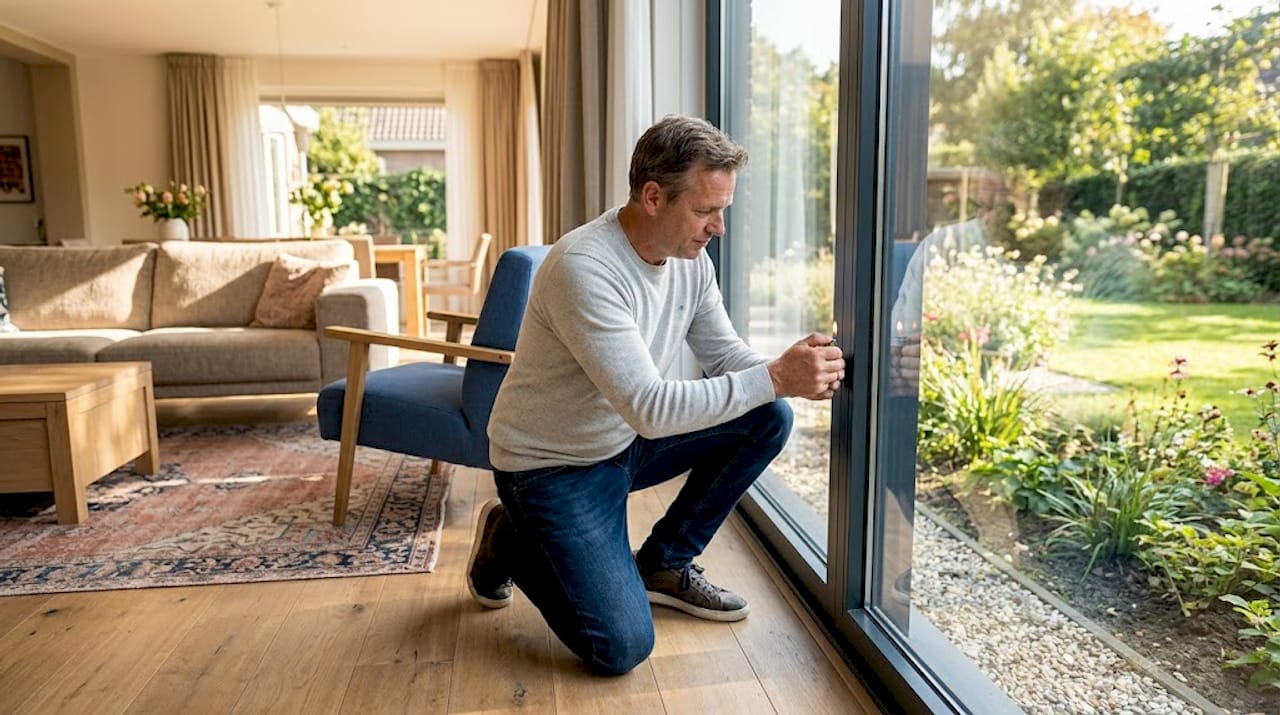 Een bewoner checkt of er koude lucht langs het raam naar binnen komt.