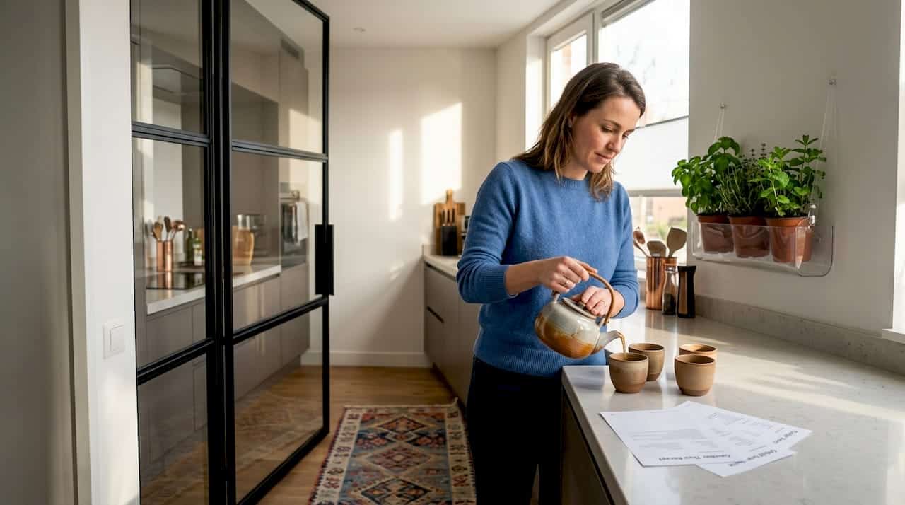 Een vrouw schenkt thee in terwijl ze bij een wand met een stoere staal-look staat.