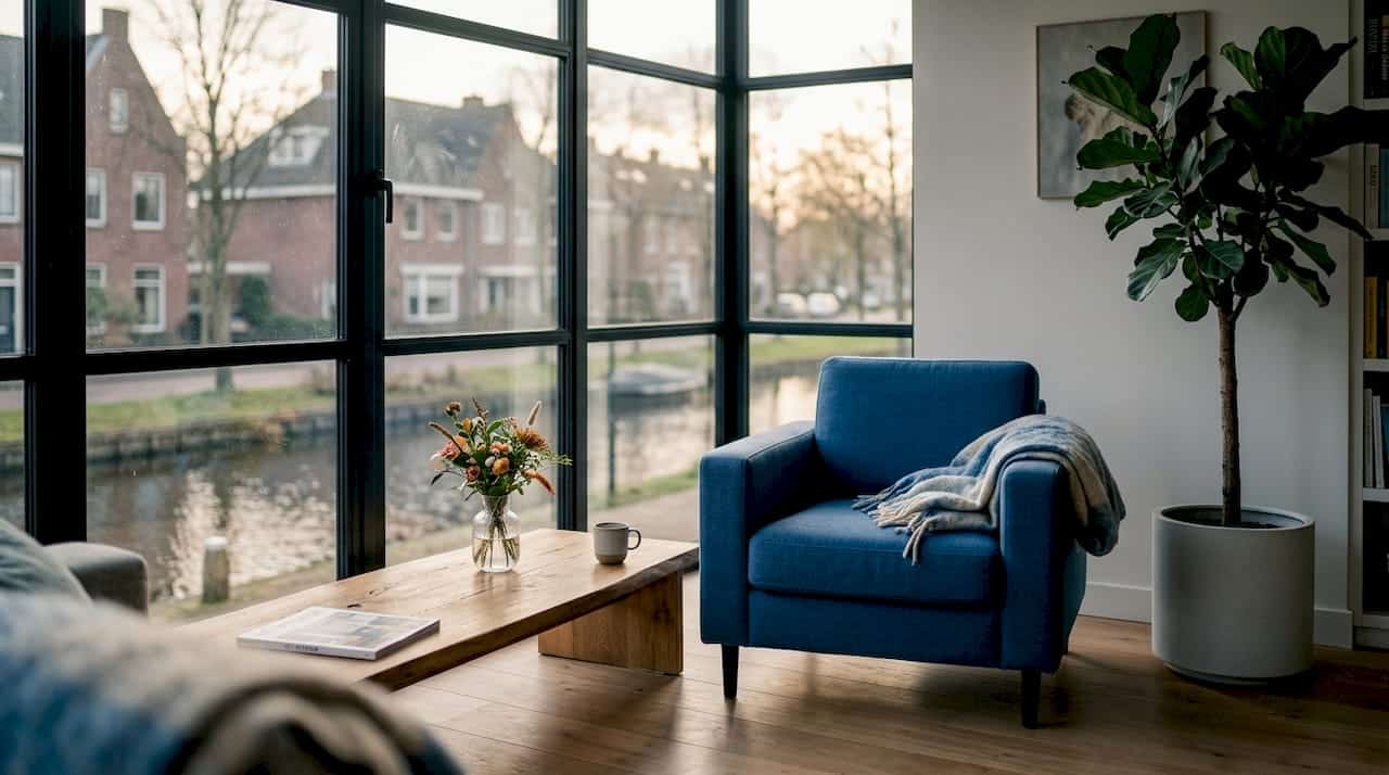 Een moderne woonkamer met aluminium kozijnen in steellook