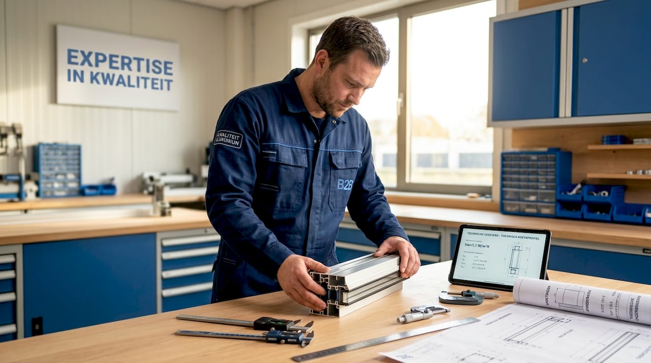 Een monteur controleert een aluminium profiel met thermische onderbreking.