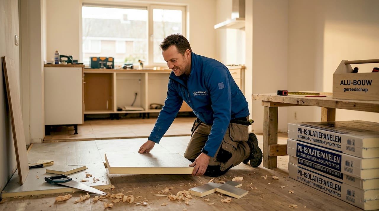Een vakman brengt PUR-isolatie aan in de woonkeuken.