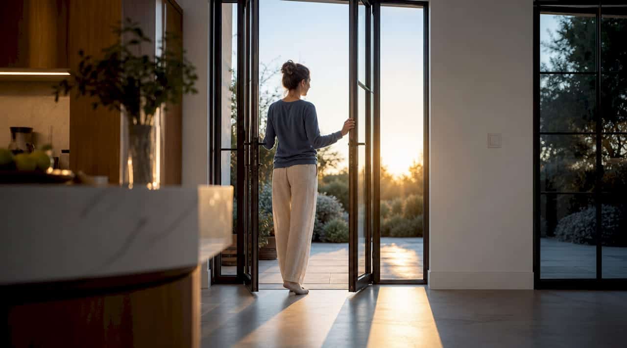 Een vrouw zet de moderne openslaande deuren in de woonkamer open.