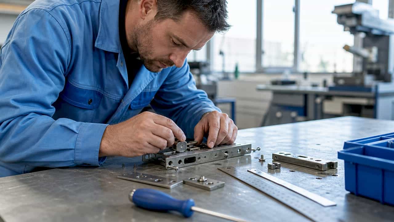 Detailopname van handen die een insteekslot monteren