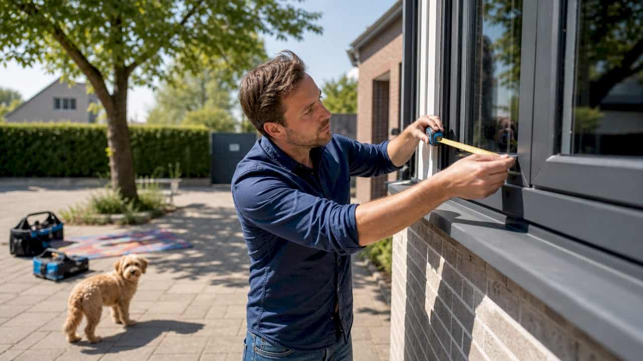 Een man is buiten bezig met het opmeten van een kunststof kozijn.