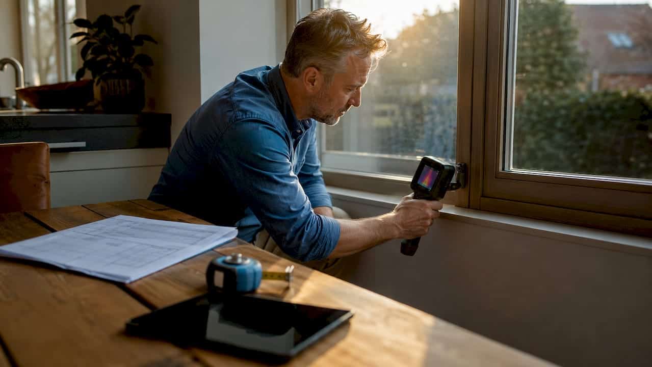 Een man controleert het kozijn met een warmtecamera om te kijken waar er eventueel warmte weglekt.