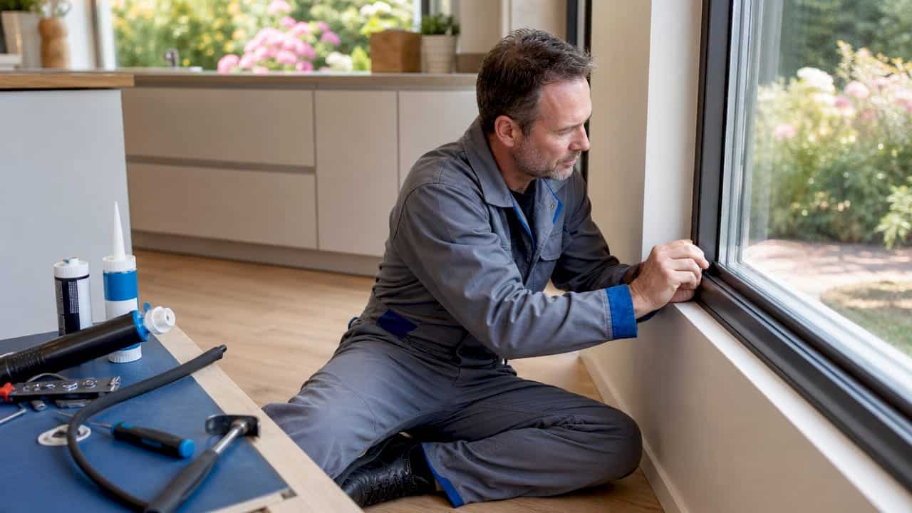 Een klusjesman brengt tochtstrips aan op het kozijn om het huis beter te isoleren.