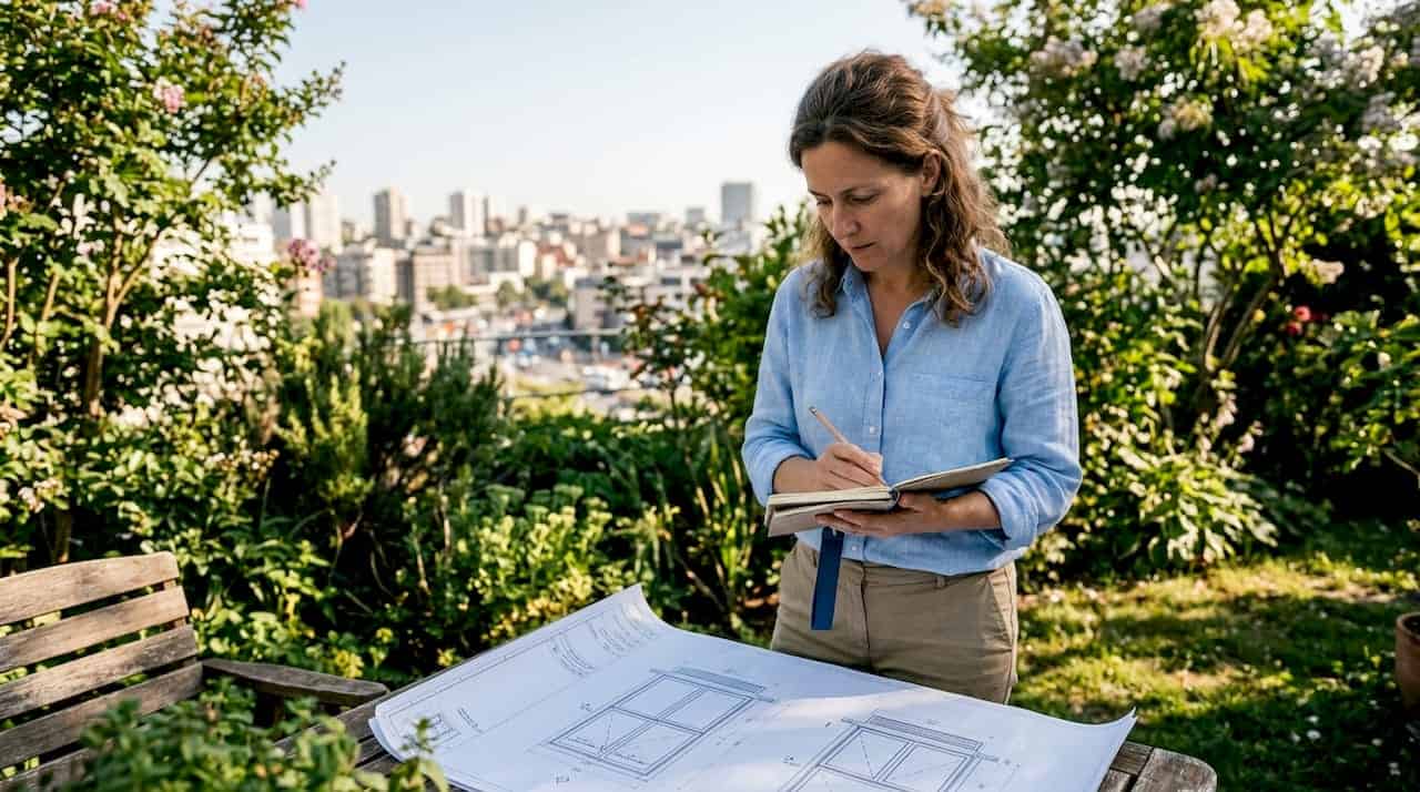 Een architect buigt zich over de bouwtekeningen voor ventilatieramen.