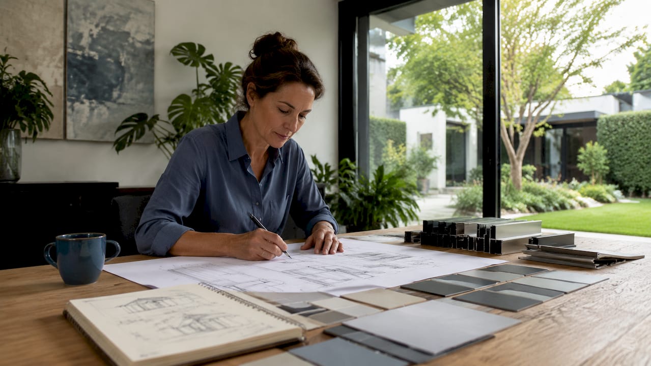 Een architect bekijkt nauwkeurig de ontwerpen van slanke raamprofielen.