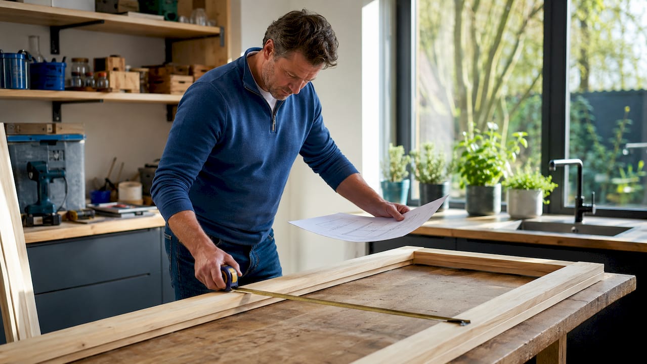 Man meet de hoogte van een deurpost in zijn huis op