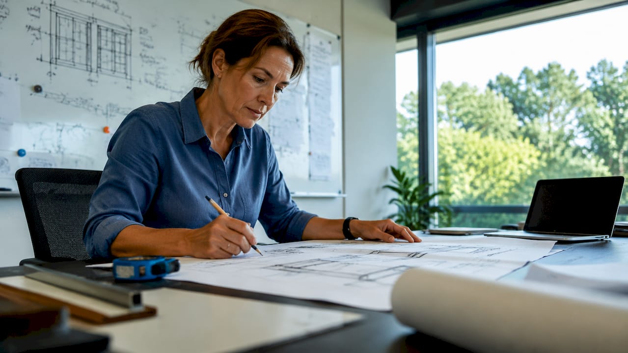 Een bouwkundige bestudeert de technische tekeningen van de raamkozijnen nauwkeurig.