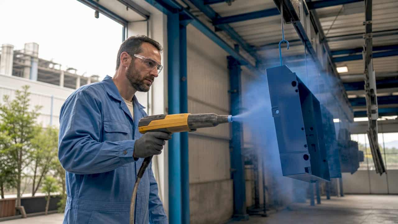 Een medewerker brengt een elektrostatische poederlaag aan op een metalen oppervlak.