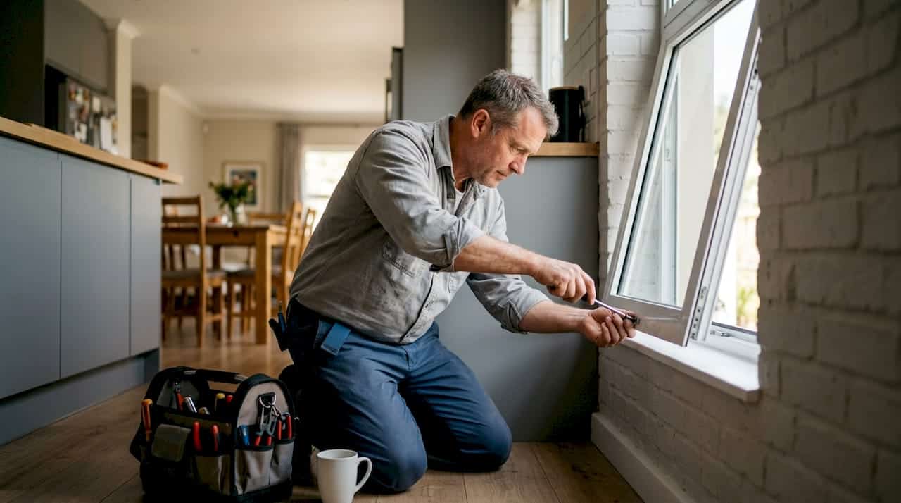 Een monteur plaatst een valraam in de woonkamer.