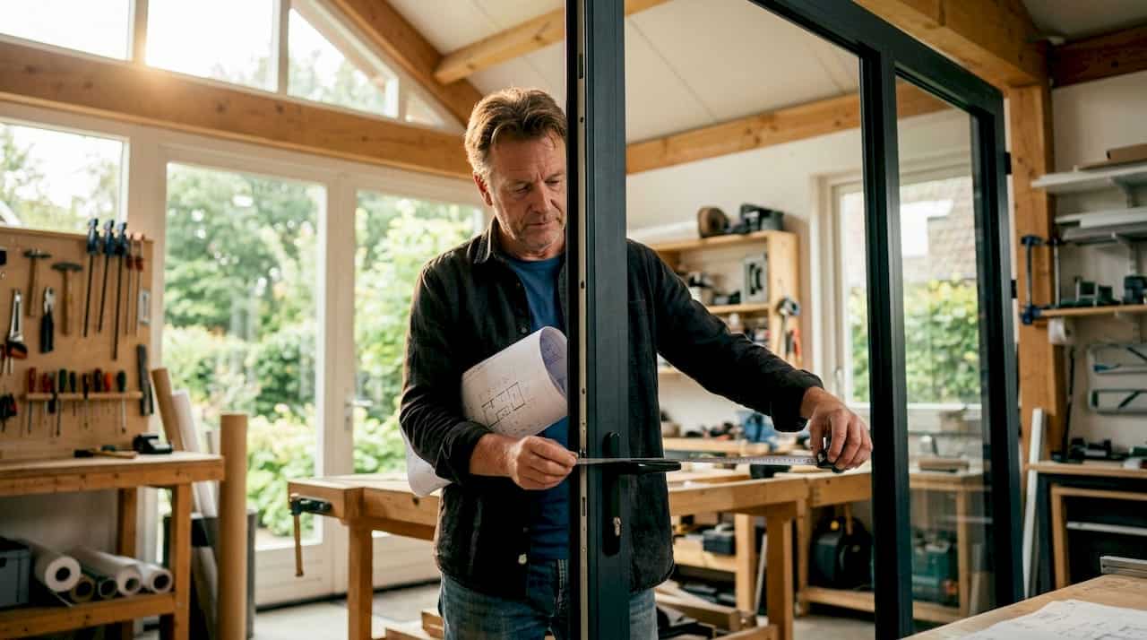Een man is in de woonkamer bezig met het opmeten van een aluminium kozijn met een steellook.