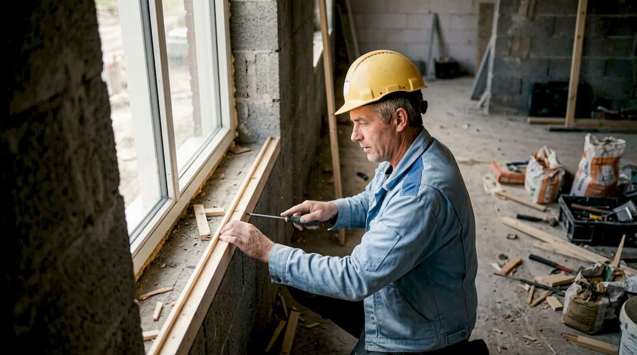 Een timmerman plaatst een houten regel in de spouw van een muur.