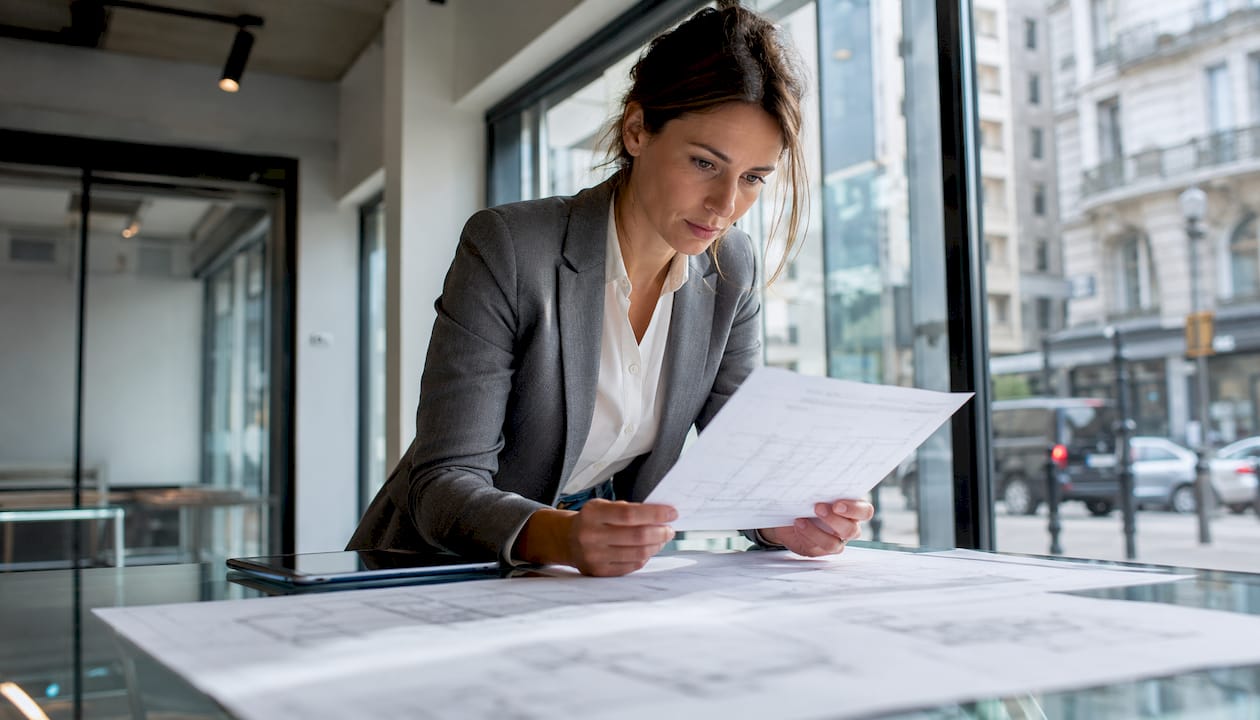 Een architect komt de onlangs geplaatste PVC-kozijnen controleren en beoordelen.