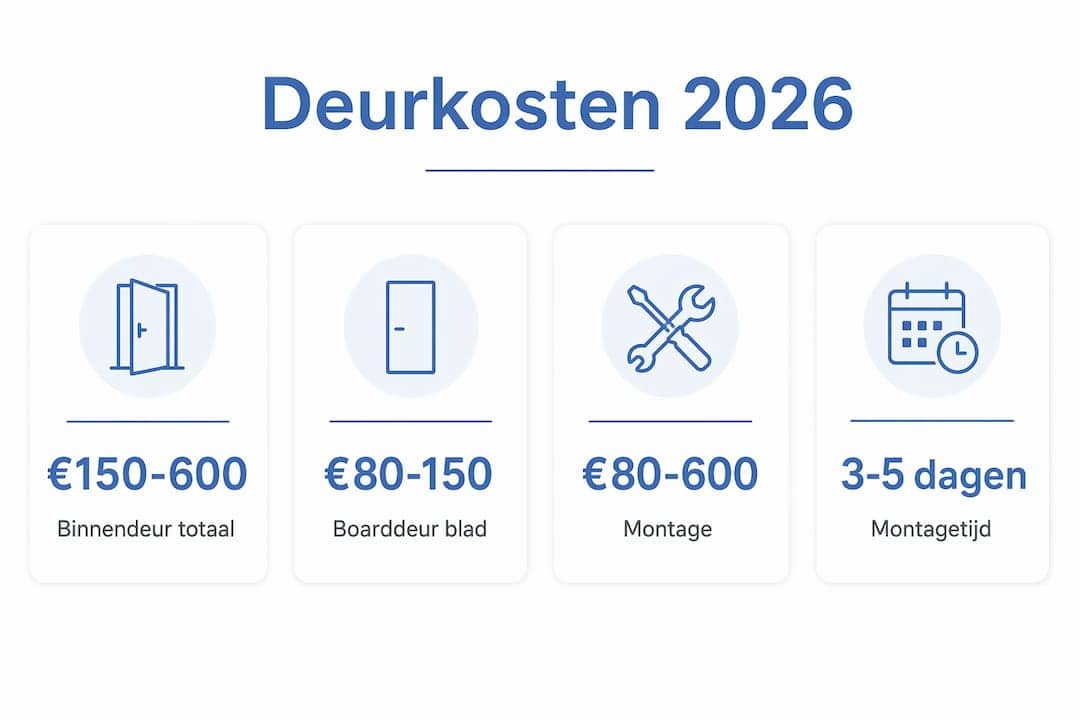 Overzichtelijke infographic met actuele prijsindicaties en verwachte montagetijden voor deuren in 2026