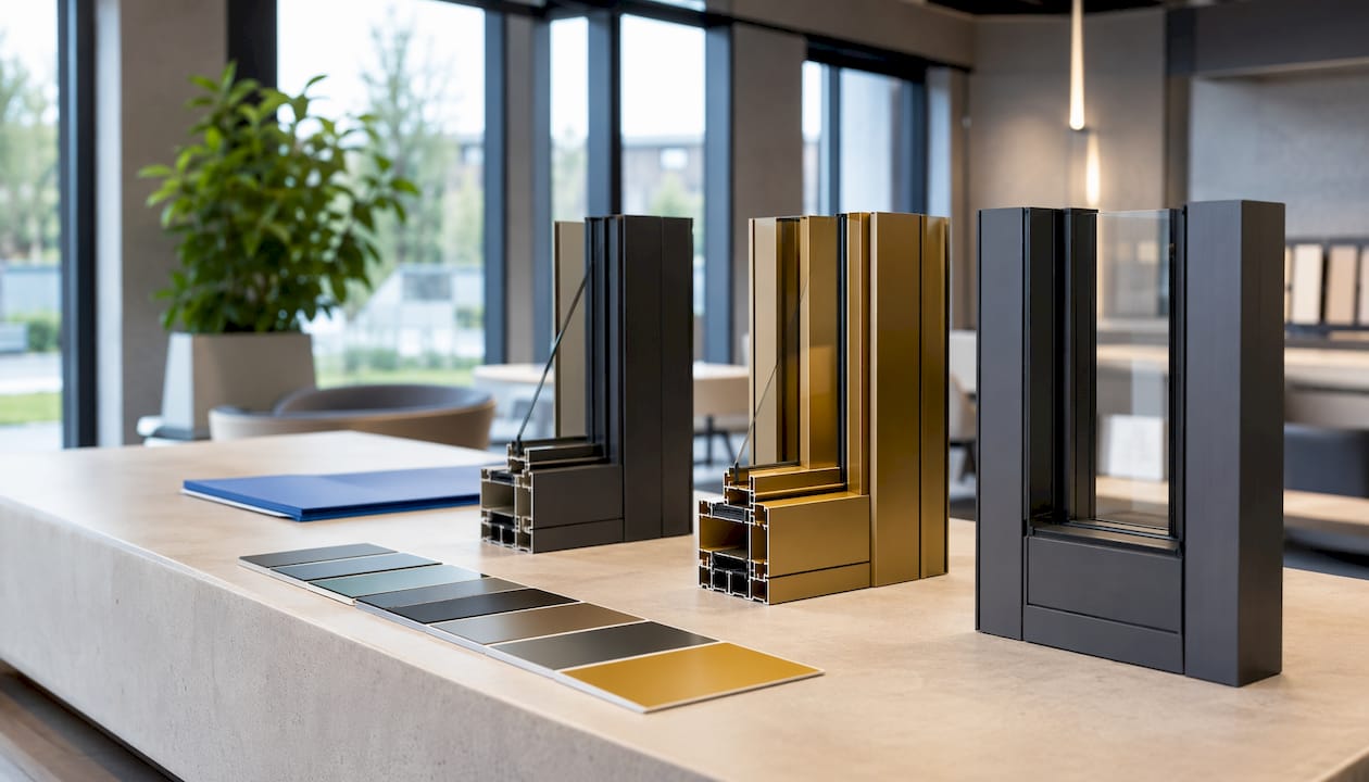 Detailopname van kleurstalen voor aluminium deurkozijnen