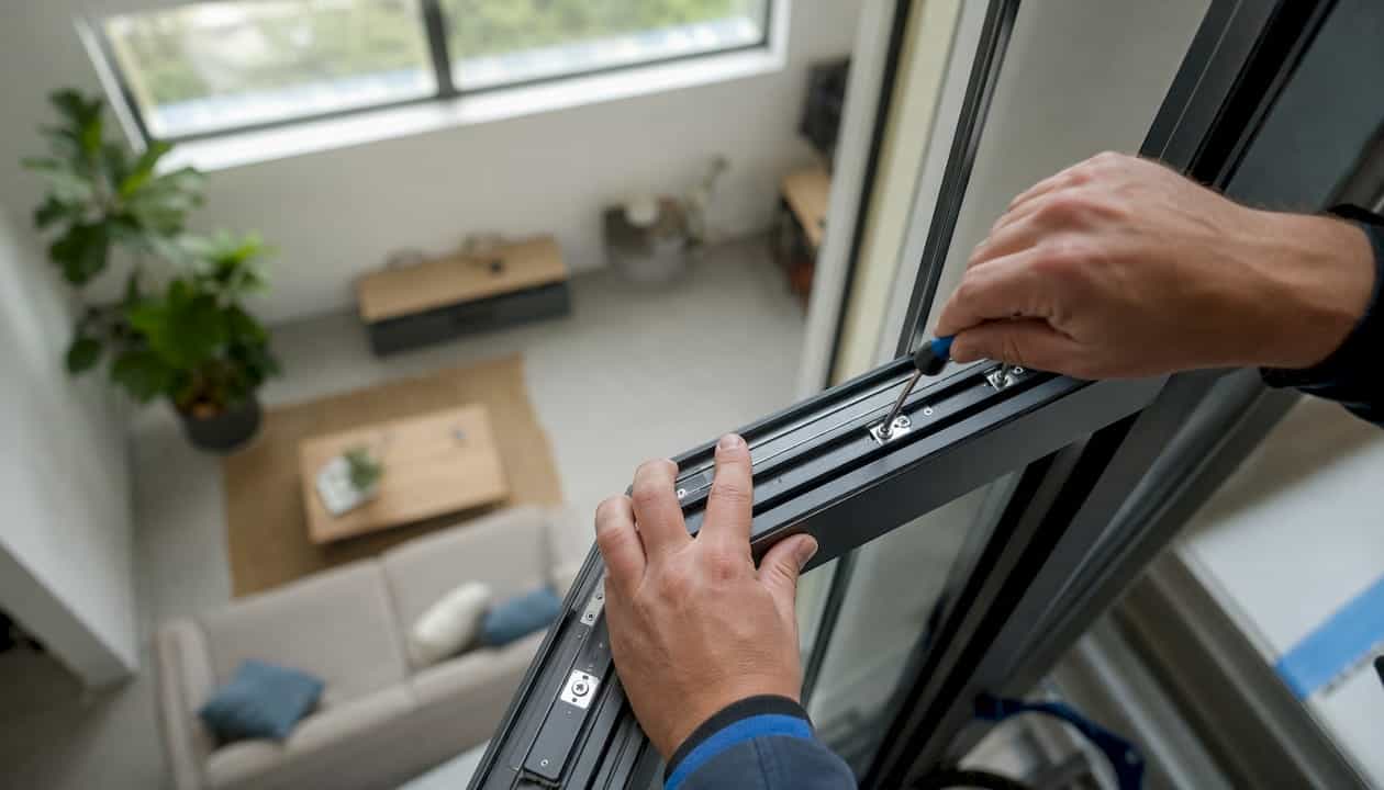 Een monteur plaatst met de hand een aluminium draai-kiepraam.