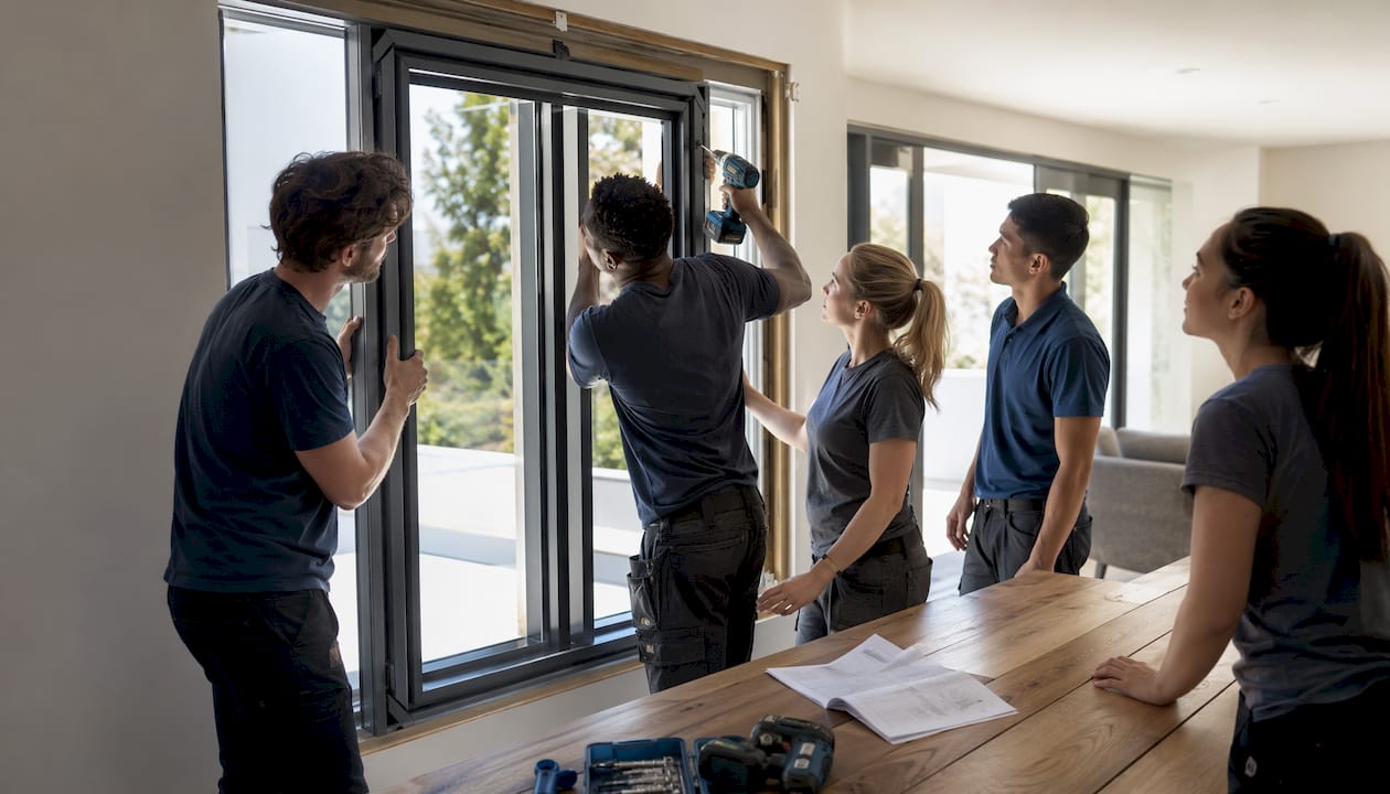 Een vakkundig team plaatst een aluminium kozijn.