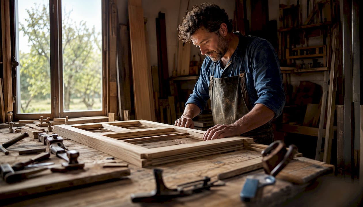 Een timmerman bekijkt nauwkeurig het vakmanschap van een houten kozijn.