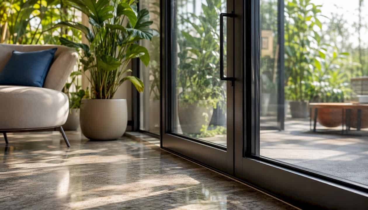 Strakke stalen deur met glas geeft toegang tot het terras