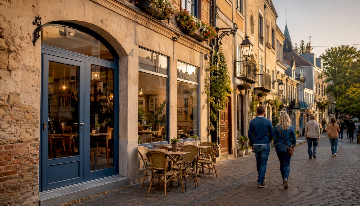 Een stadsstraat waar je allerlei verschillende aluminium deuren tegenkomt.