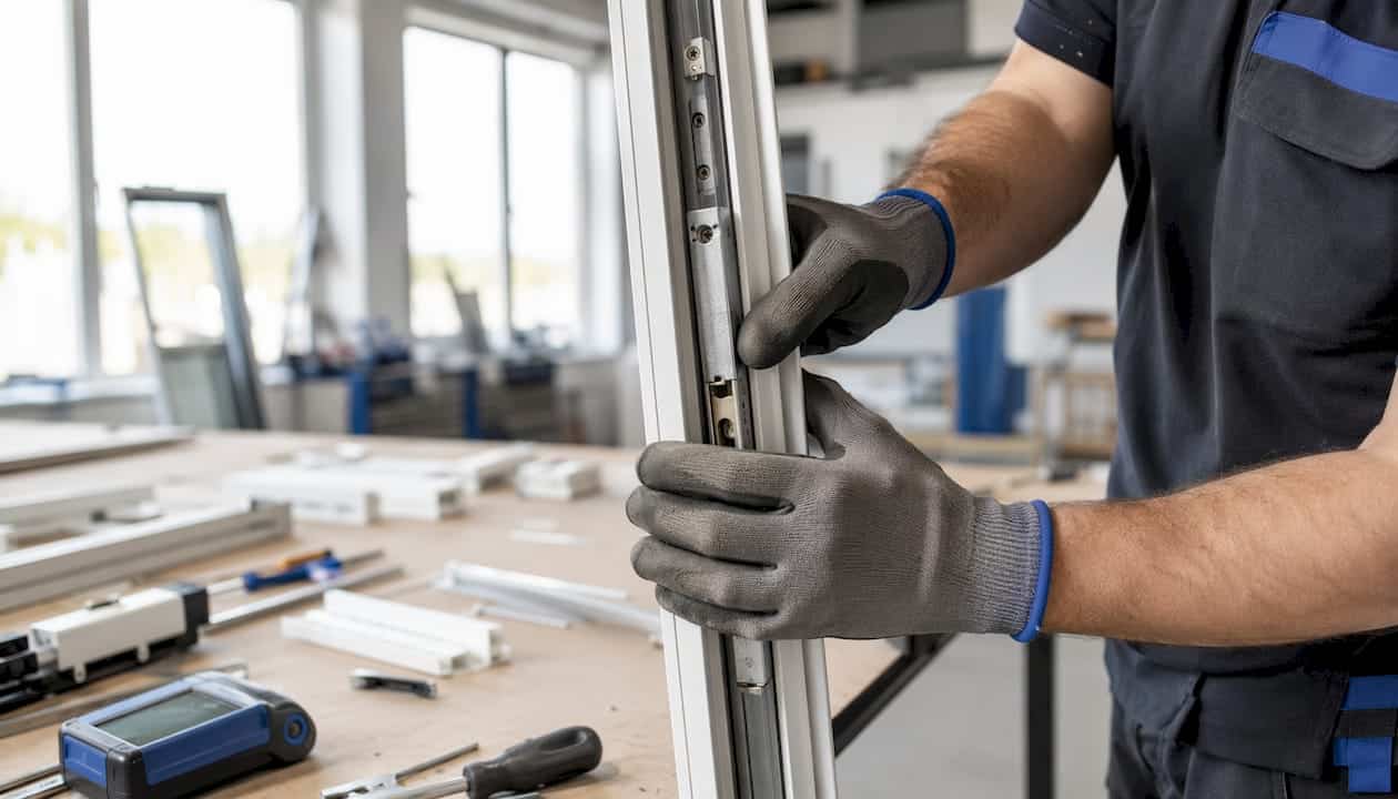 Met de hand wordt een kunststof deurkozijn op maat in elkaar gezet.