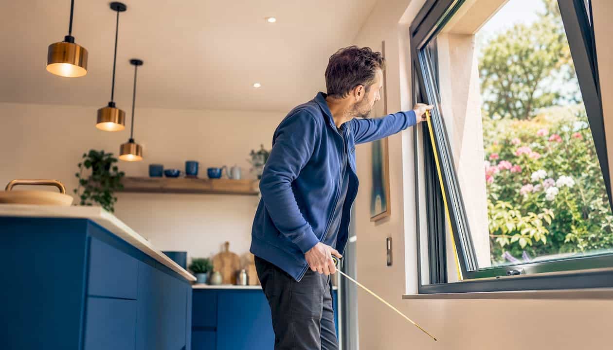 Een man bekijkt het openstaande kiepraam in de woonkamer.