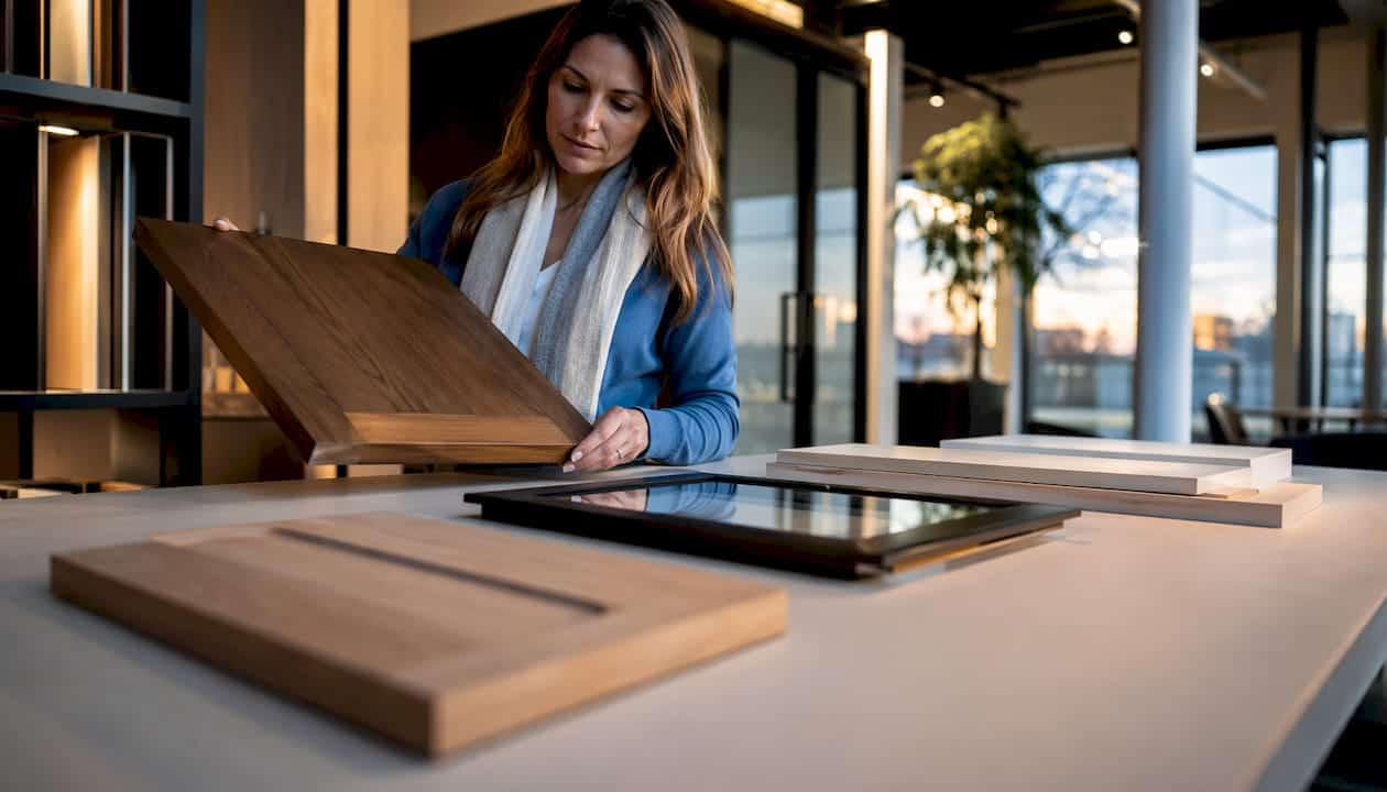 Een bezoeker bekijkt verschillende deurmaterialen in de showroom.