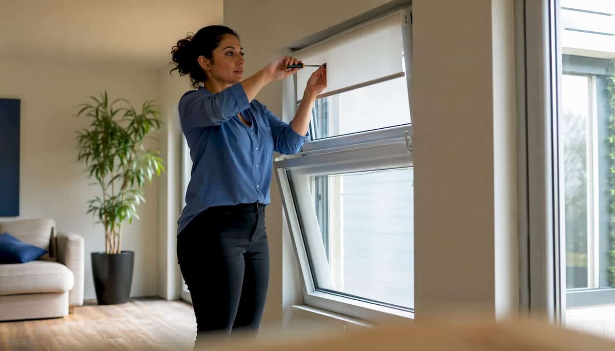 Een vrouw bevestigt een rolgordijn bij een open kiepraam.