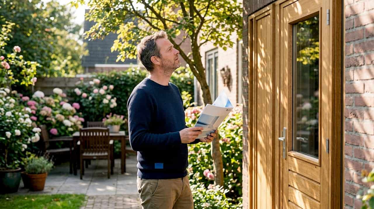 Een man inspecteert de houten voordeur van zijn huis.
